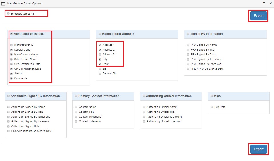 Manufacturer Export Options page illustration of Manufacturer Export Options. Sections are highlighted to show selection of data to be exported.