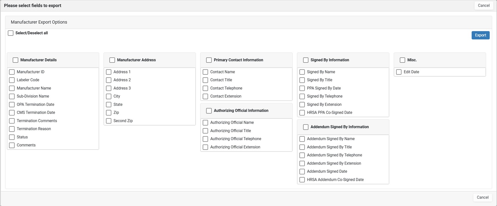 screen shot of Search Results table showing rows selected for export and Export Selected and Export All buttons