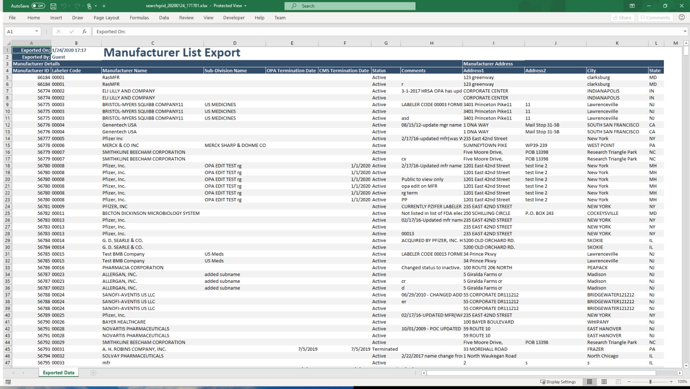 Example of the Manufacturer List Export Example of the Manufacturer List Export