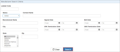 screen shot of the Manufacturer Search Criteria page