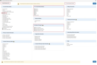 screen shot of Public User Covered Entity search export field picker page showing fields selected for export